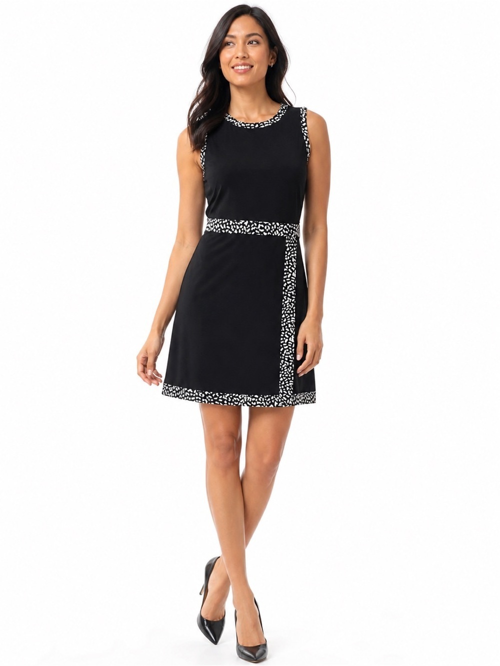 Michael Kors Black Faux Wrap Dress Animal Print Trim Sleeveless Midi Size Medium